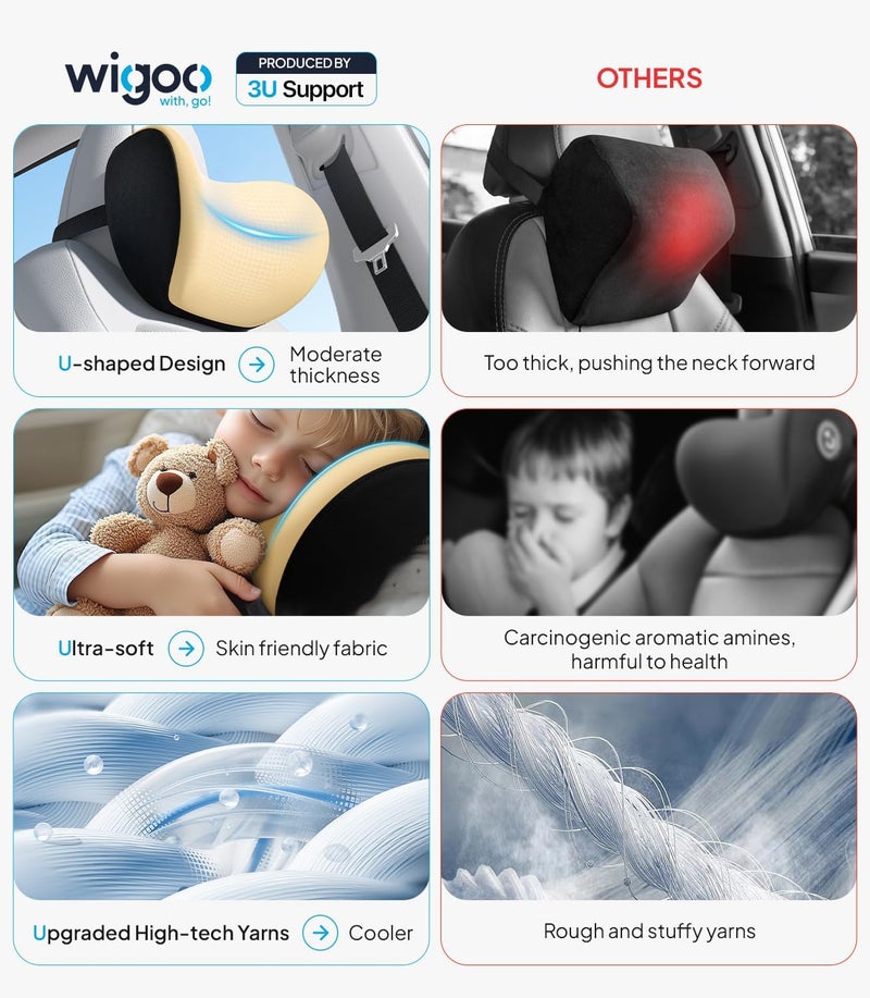 Wigoo 2026 Upgrade Car Neck Pillow [No More Pressure, Odorless] Soft Car Headrest Pillow with Adjustable Strap Removable Cover 100% Memory Foam, Fits All Vehicles (Beige 2-Pack) - Image 3
